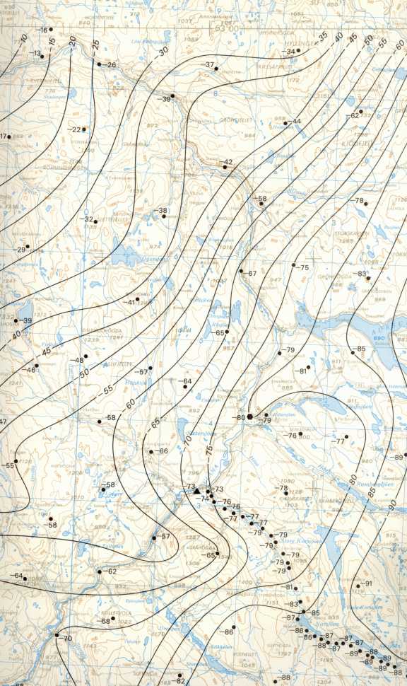 Map of the gravity anomali in the Hessdalen district. (middle)
